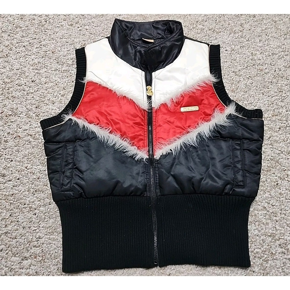 Apple Bottoms Womens Puffer Vest Black Red White Faux Fur Chevron Zip Large